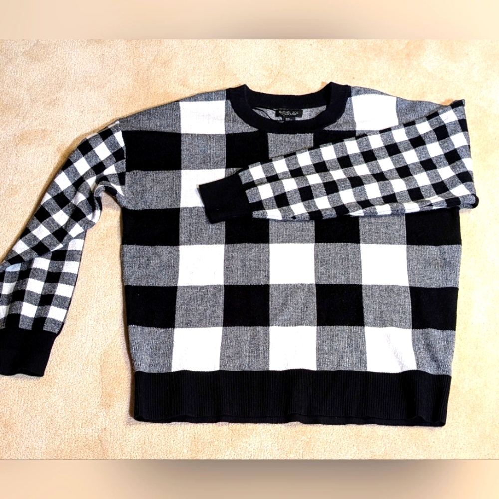 Women's Rachel Zoe Black & White Checked Crewneck Soft Sweater| Size XL